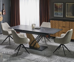 Stół Rozkładany VOLANT (160-200)x90 cm Czarny Marmur/Czarny/Dąb Złoty