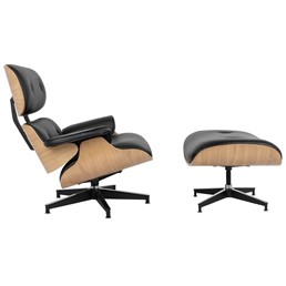 Fotel LOUNGE HM PREMIUM SZEROKI z podnóżkiem czarny - sklejka jesion, skóra naturalna